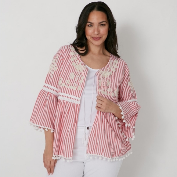 EUC Celestial Blue M 100% Cotton Red and White Pinstripe Blouse with Beading - Picture 2 of 10